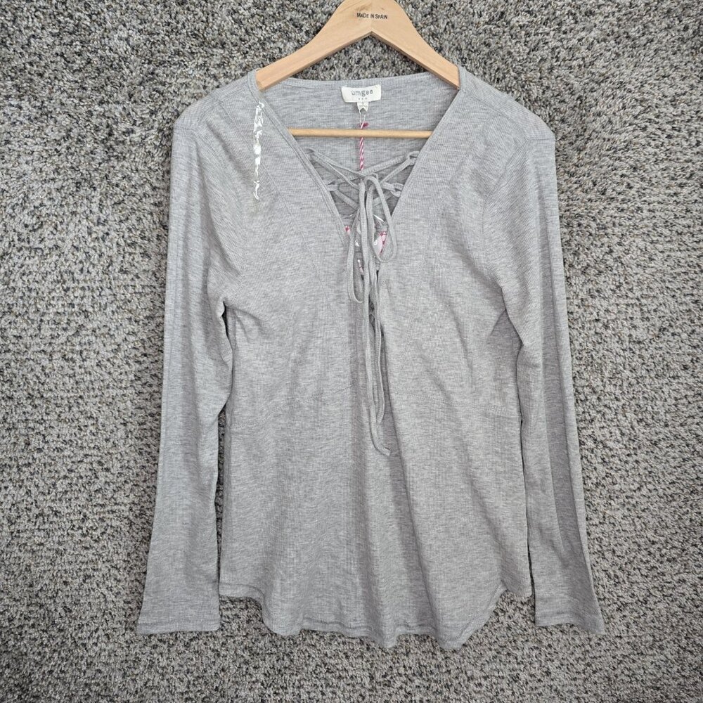 UMGEE Top Womens Small Gray Lace Up Ribbed Knit Long Sleeve Tee Casual